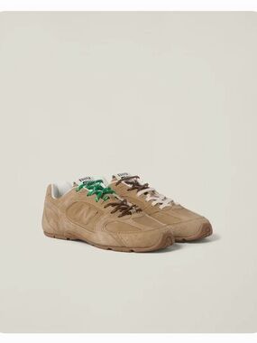 Miu Miu Tan Suede Sneakers with Mixed Green, Brown, and White Laces